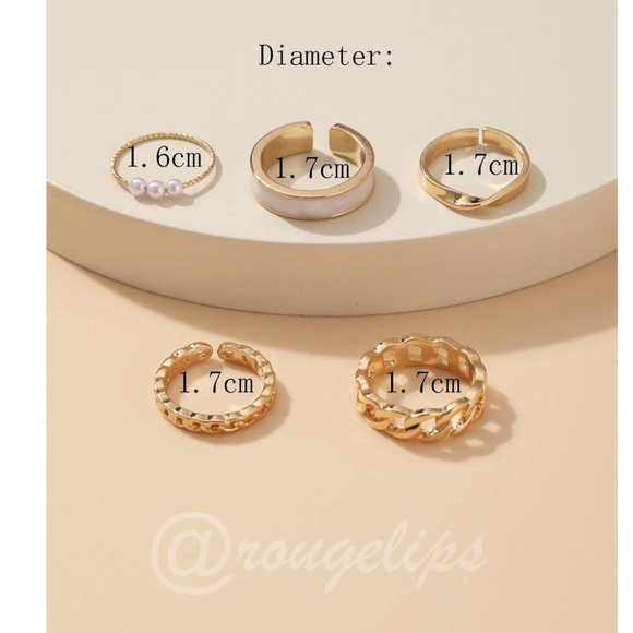 Set of 5 Rings Gold Tone Fashion Jewelry Faux Pearl - Picture 4 of 4